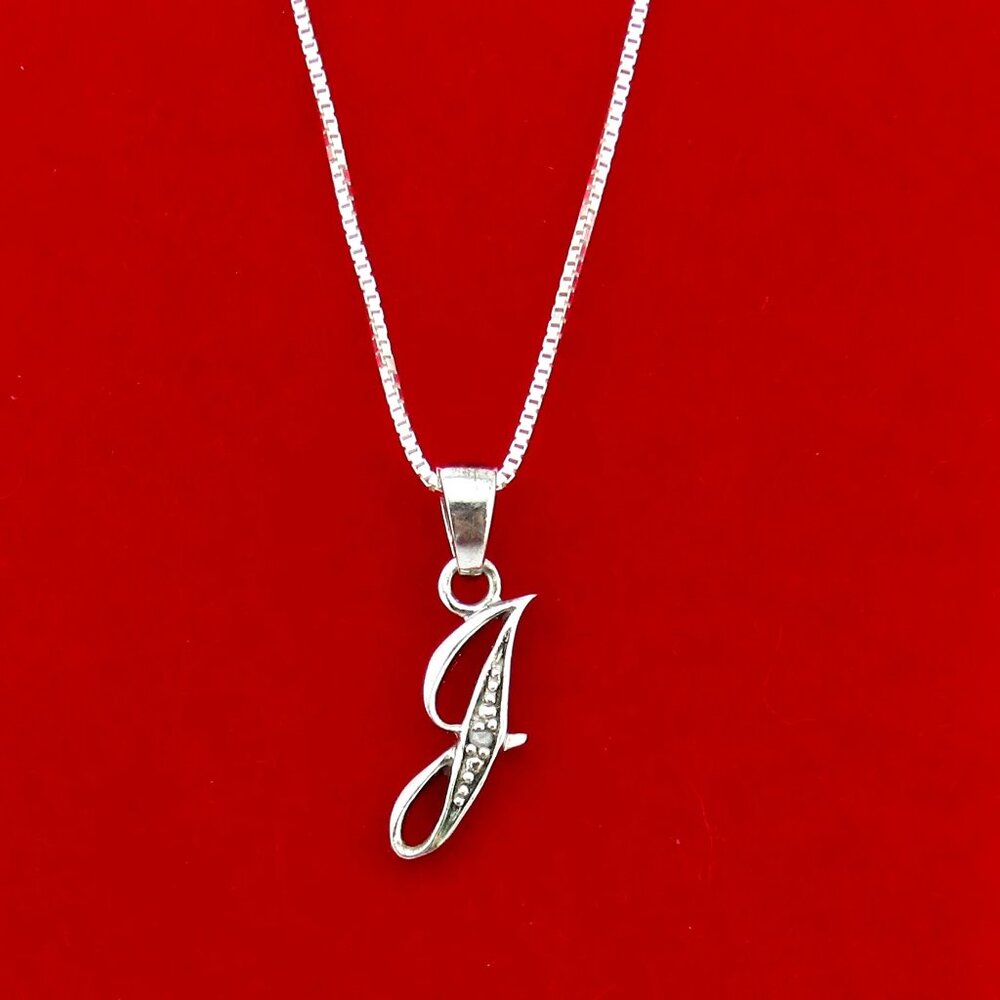 Diamond Accent Letter "J" Initial Pendant Necklace Silver Genuine Natural Real
